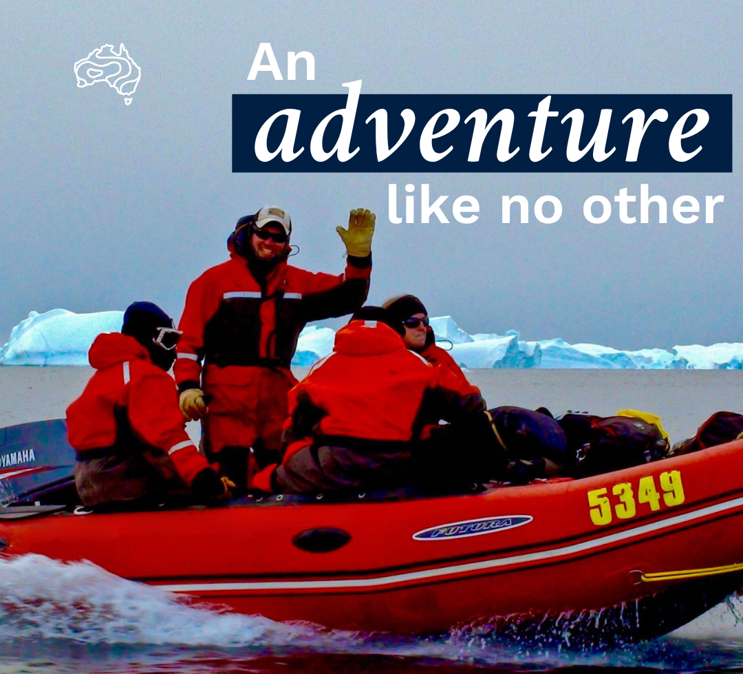 A man standing up in a red rubber boat waves to the camera, while other crew members sit down. Text reads 'An adventure of a lifetime'