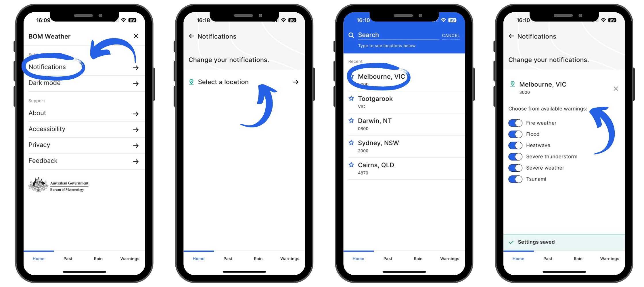 Image shows four phones from left to right, going through the process of adding locations and changing preferences for warning notifications.