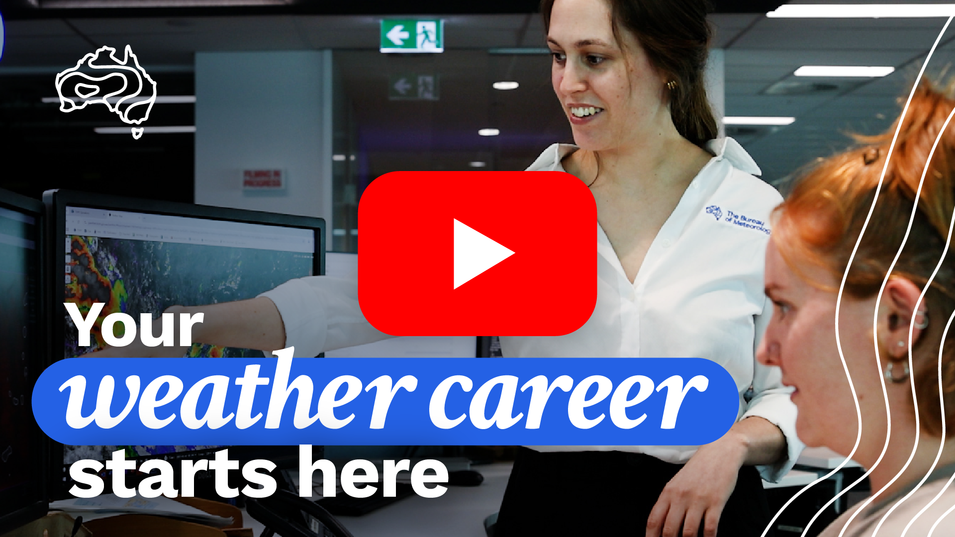 Opens link in YouTube. Texts says 'Your weather career starts here'. Image shows two women point at a computer screen.