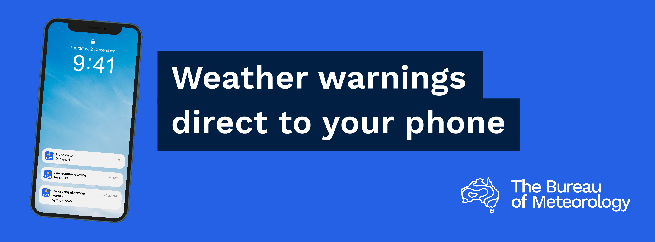 Banner text reads: 'Weather warnings direct to your phone'.