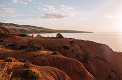 A person stands on the cliffs of Sellicks Beach in Onkaparinga, South Australia, gazing out towards the vast expanse of the ocean