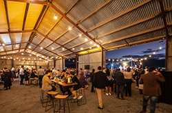 A group of people gather under string lights at a rustic event space, The Sugar Shed in Yorkeys Knob, Tropical North Queensland