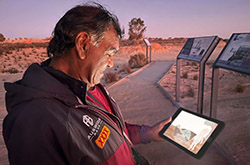 Barkandji Paakantyi Custodian Uncle Ernest Mitchell testing the Mungo Stories Walk Together app on the Mungo Lunette, NSW © Uncle Ernest Mitchell