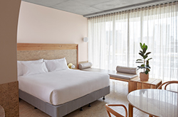 Bedroom interior of the The Calile Hotel, Brisbane, Queensland © Sean Fennessy