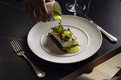 Aquna Murray Cod, Smoked Clam & Roasted Onion Butter, Paperbark Oil, NSW© Capella Sydney and Bentley Restaurant