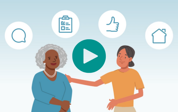 Illustration of two people talking, with icons representing access to information, guidance, and support services. The image features a play button to click and watch the video.