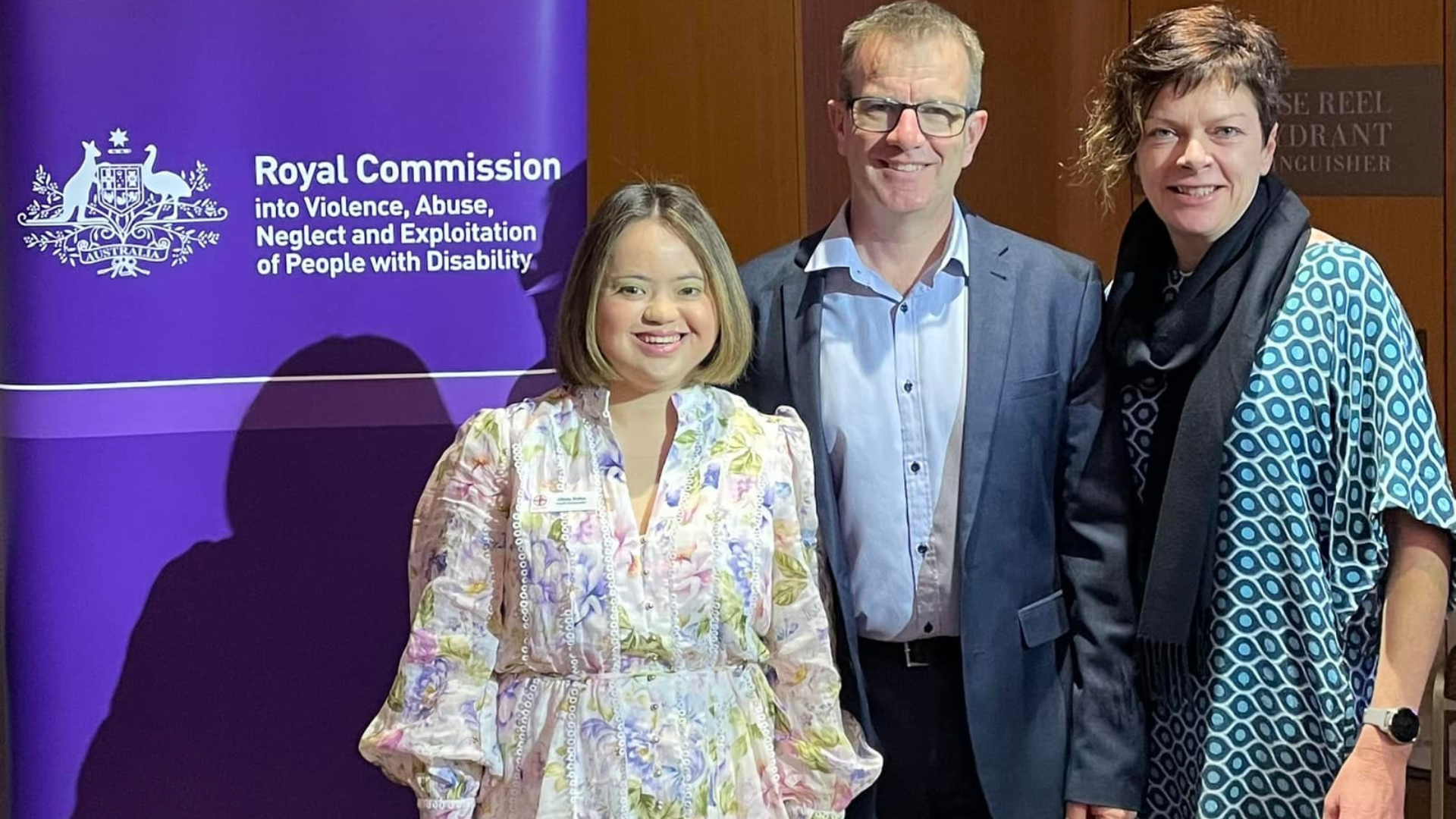 This is a photo of Darryl Steff, Rachel Spencer and Olivia at the Royal Commission