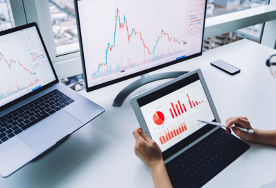 Computer screens with statistics and data