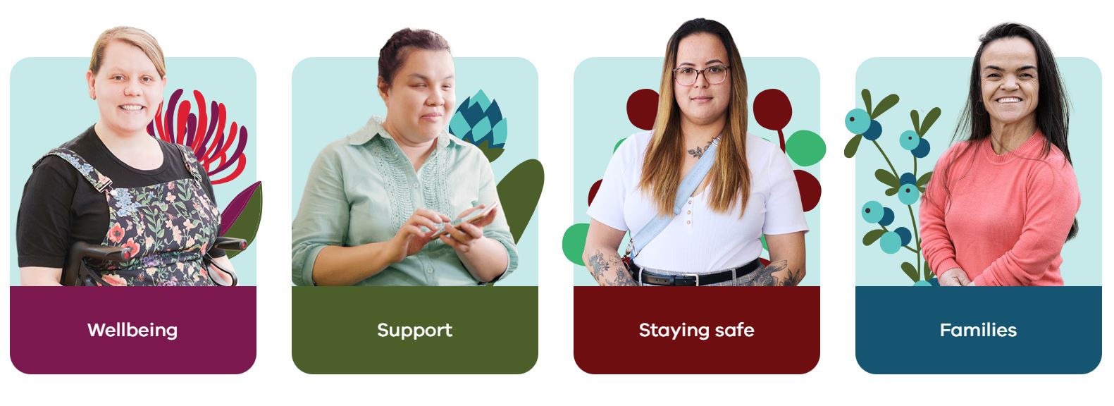 This is a photo of 4 women with the words Wellbeing, support, staying safe and families under each person