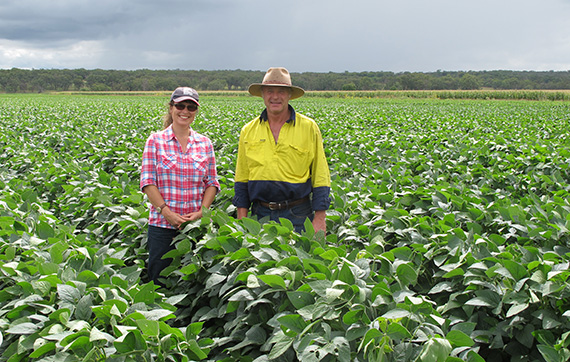 Two people in soybean field