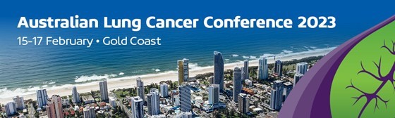 Aerial image of the Gold Coast with the words "Australian Lung Cancer Conference 2023 15 to February Gold Coast"