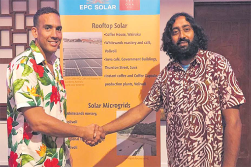 EPC Solar Commercial Manager Lucas Sena and ONA Fiji Director Maheer Prasad at the MoU signing
