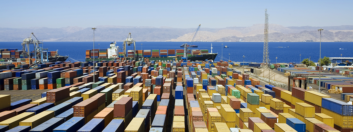 Panoramic view of cargo ships and containers in port