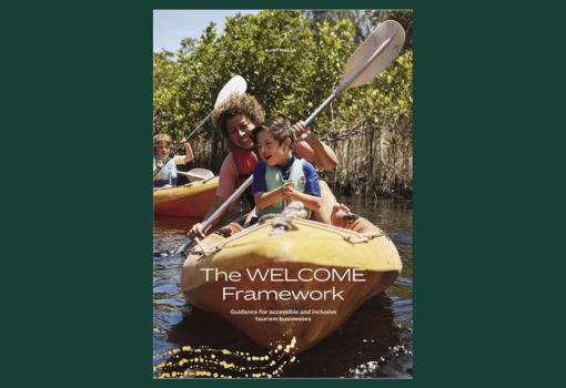 Cover of the WELCOME Framework, with a Tourism and Events Queensland photo of a woman and a boy with down syndrome enjoying a kayak ride