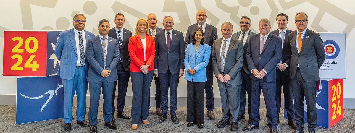 The Honourable Anthony Albanese MP, Prime Minister of Australia (centre) stands with business leaders during the CEO Lunch at the ASEAN-Australia Special Summit 2024 in Melbourne.